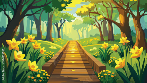 Wooden path leading through a sunny spring forest with blooming yellow daffodils and green trees