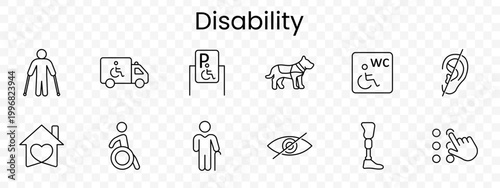 Disability set icon. Outline accessibility symbols, person crutches, wheelchair van, parking sign, guide dog, accessible toilet, ear hearing loss, house care, wheelchair user, cane, blind eye