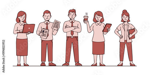 Diverse group of five professionals standing together, presenting a united front in a business setting, business