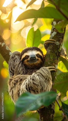 Close-up of a sloth clinging to a tree branch, basking in the warm light filtering through the leaves