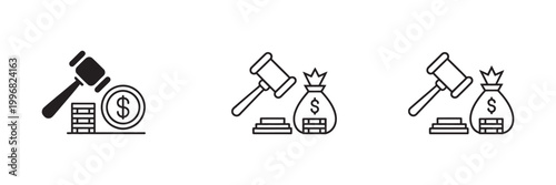 Money bag gavel and coins icon set, vector illustration for financial law auction bankruptcy and legal tender concepts, clean modern justice and economy symbols design