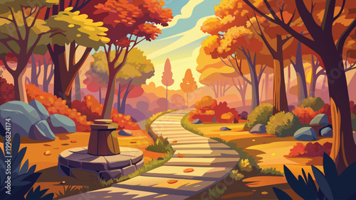 Stone pathway winding through a colorful autumn forest with bright orange and yellow trees at sunset