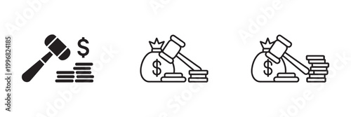 Money bag gavel and coins icon set, vector illustration for financial law auction bankruptcy and legal tender concepts, clean modern justice and economy symbols design