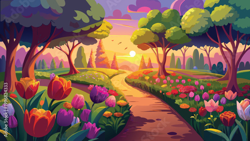 Colorful tulip garden with a pathway leading to a beautiful sunset in a peaceful park