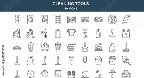 Cleaning tools household equipment line icons vector set vacuum mop sponge detergent hygiene outline symbols collection