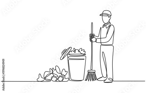 Line art illustration of a person sweeping leaves into a trash can with white background single line sweeping cleaning gardener collection seasonal maintenance activity illustration