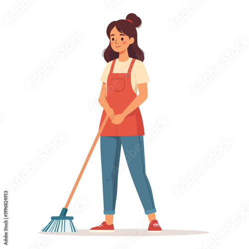 A standing maid worker or housewife cleaning the home floor with a mop and broom while performing housework chores