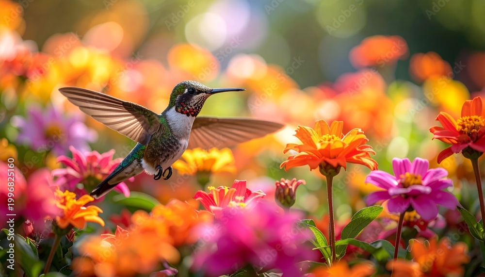 Fototapeta premium A hummingbird hovers among vibrant flowers.