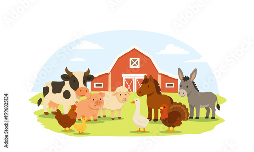 Farm animals standing together on green field with barn in background. Rural agriculture scene with cow, pig, sheep, horse, donkey and poultry, representing farming life and countryside environment.