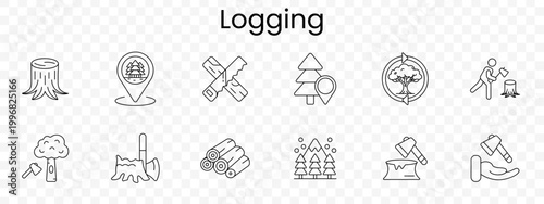 Logging forestry set icon. Tree stump, forest location, crossed saw, pine marker, ecosystem symbol, woodcutter, axe tree, timber logs, deforestation