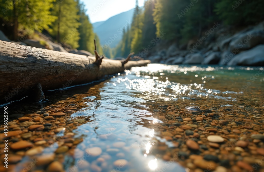 Fototapeta premium Log rests on clear mountain riverbed with pebbles. Sun glints on flowing water, reflecting trees and hillsides. Serene nature scene shows wild landscape at dawn.
