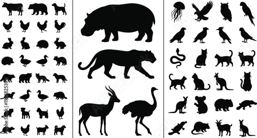 Large animal silhouette set featuring wildlife birds pets and farm animals in black vector collection