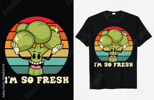 a broccoli character with arms raised on a black t-shirt with a retro colorful background.