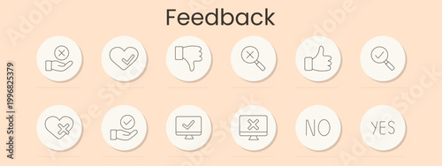 Feedback set icon. Reject hand, favorite heart, dislike thumb, cancel search, approve thumb, verify search, broken heart, support hand, accept monitor, decline monitor, no text, yes text