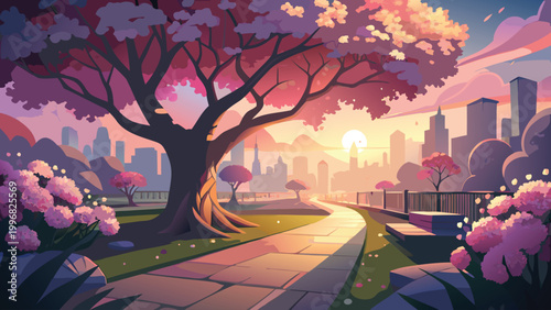 Beautiful cherry blossom tree in a city park during a colorful sunset