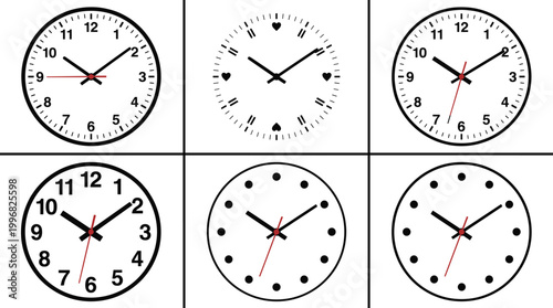 Modern analog wall clock set with minimalist and classic dial designs isolated on white background