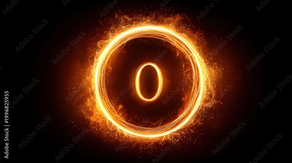 Naklejka premium Fiery glowing number zero inside a bright orange energy ring on black background