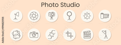 Photo studio set icon. Softbox, aperture, camera on tripod, ring light, exposure, film roll, photo stack, digital camera, retouch, crop, clapperboard, umbrella light, production