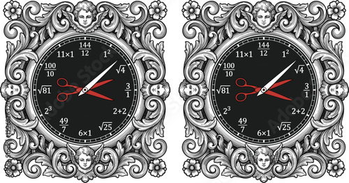 Vintage ornate clock illustration with mathematical symbols decorative frame and classic time concept design