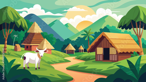 A white goat standing in a beautiful rural village with green hills and wooden huts at sunset
