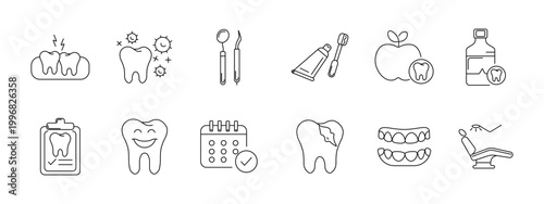 Dental care clinic set icon. Tooth pain bacteria tools paste apple rinse clipboard calendar cavity braces chair depict hygiene treatment orthodontic appointment.