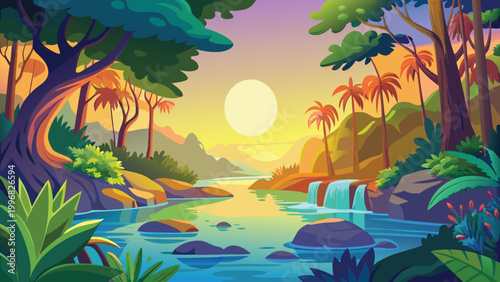 Beautiful tropical jungle landscape with a flowing river and sunset sky