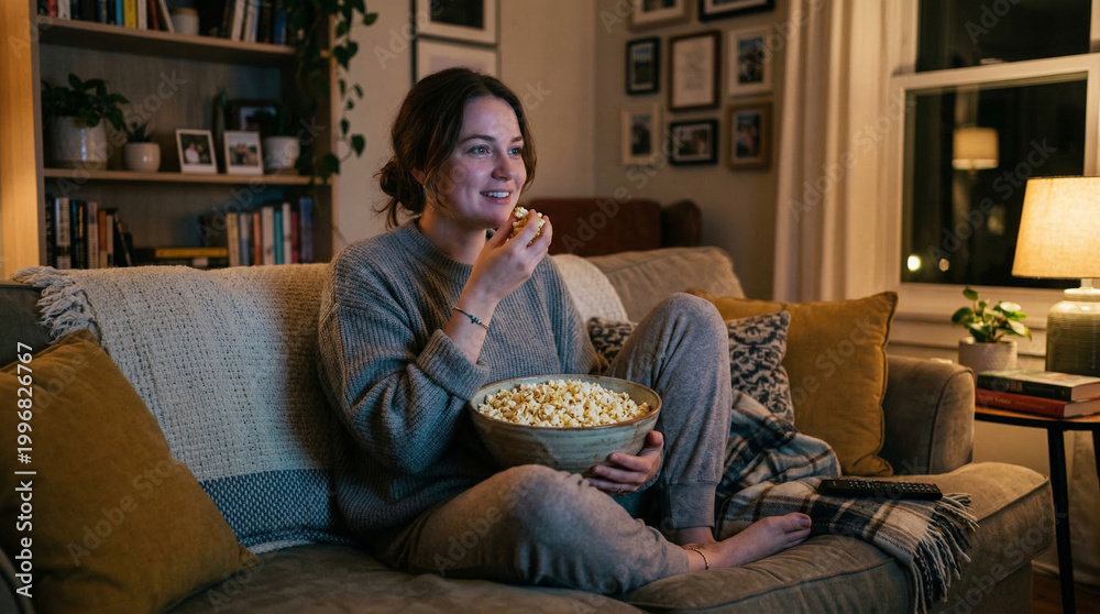 Obraz premium Gemini girl enjoying popcorn movie night dinner at home