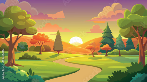 Beautiful sunset scenery in a green park with trees and a winding pathway