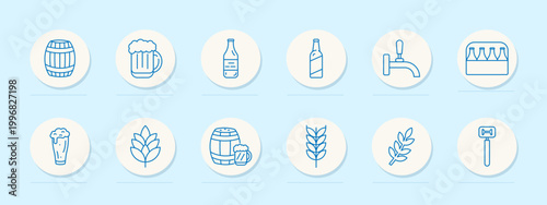 Beer and brewing set icon. Outline pack with barrel, mug foam, bottle, tap faucet, crate with bottles, pint glass, hop plant, grain ear, razor blade opener tool.