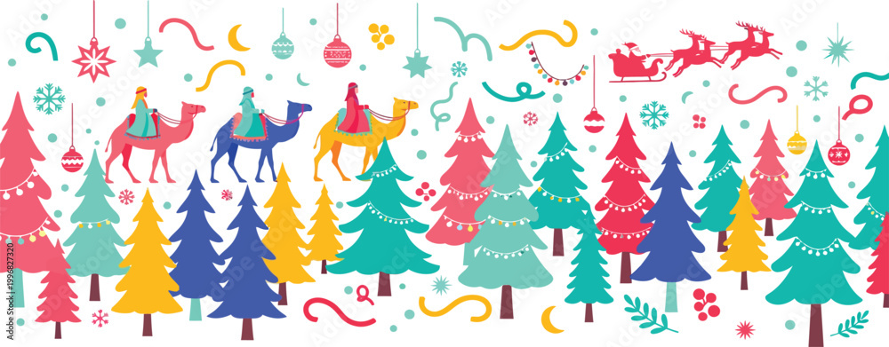 Fototapeta premium Colorful christmas scene with camels and santa s sleigh flying over trees with confetti and ribbons in festive holiday atmosphere