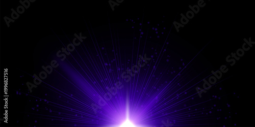 Abstract light burst White radiant center emitting numerous thin rays outward across black background, scattered circular particles, soft glow gradient, dramatic illumination, dynamic explosion effect