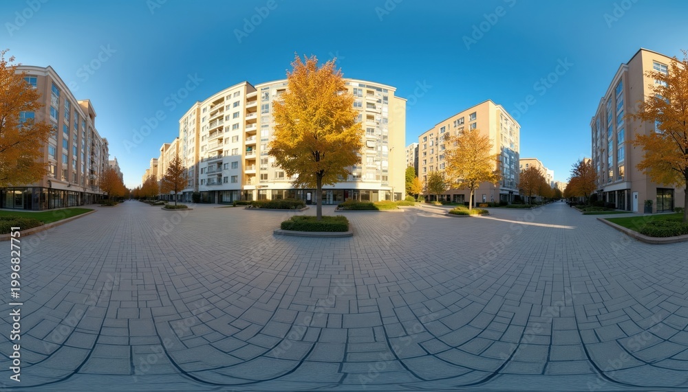 Naklejka premium Wide view of residential buildings with trees in autumn colors lining paved walkway. Modern architecture with balconies and shops on ground floor in daytime.