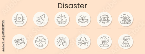 Disaster. Emergency siren, wildfire globe, alarm light, car crash, toxic barrel, flood house, airplane accident, radiation sign, heat planet, skull hazard, tornado, volcano eruption, crisis response