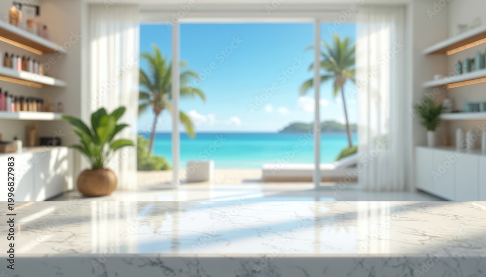 Obraz premium Modern clean room with marble counter overlooks tropical beach ocean view. White curtains, potted plant, shelves with bottles, bright sunny day, palm trees swaying. Serene paradise vacation setting.