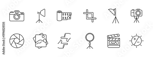 Photography media production set icon. Camera softbox film strip clamp umbrella tripod aperture gallery hand ring light clapperboard exposure depict studio shooting equipment.