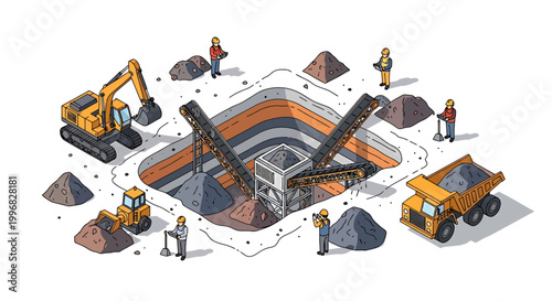 Construction Site Excavation with Heavy Machinery and Workers.