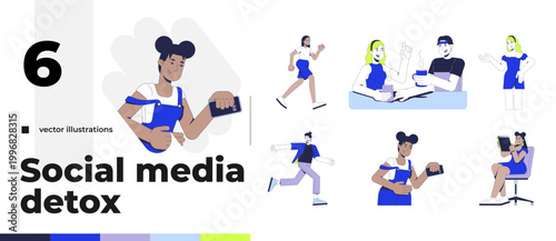 Young people engaging in offline activities cartoon flat illustrations bundle. Real life interaction. Digital detox lifestyle 2D images isolated on white. Collection vector drawings colorful