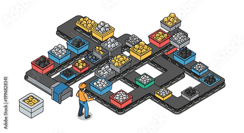 Isometric conveyor belt system with colorful boxes and worker.