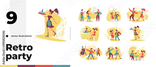 50s retro party cartoon flat illustrations bundle. 1940s entertainment. Vintage club. Boogie-woogie dancing couples and jazz musicians 2D images isolated on white. Collection vector drawings colorful