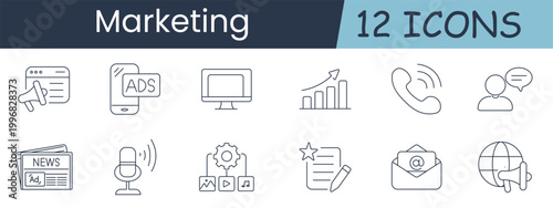 Marketing set icon. Collection with megaphone, mobile ads, monitor, growth chart, phone call, customer with speech bubble, newspaper, microphone, media settings, rating form, email, global promotion.