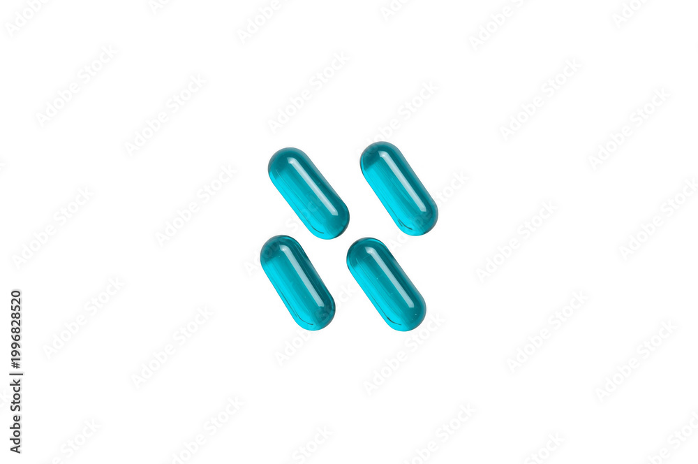 Fototapeta premium Four blue transparent capsules on transparent background