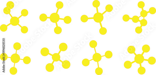 Molecular structures in bright yellow appear as a set of flat vector icons designed for scientific diagrams and educational materials to represent chemical bonds and atomic connectivity.