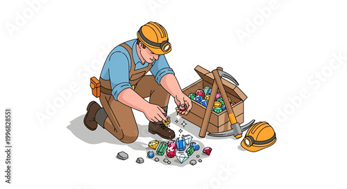 Miner Examining Precious Gemstones Found in Mine.