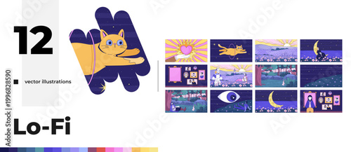 Lofi dreamscape and calm landscapes cartoon flat illustrations bundle. Fairytale wonderland. Whimsical cat. Nighttime introspection 2D images isolated on white. Collection vector drawings colorful