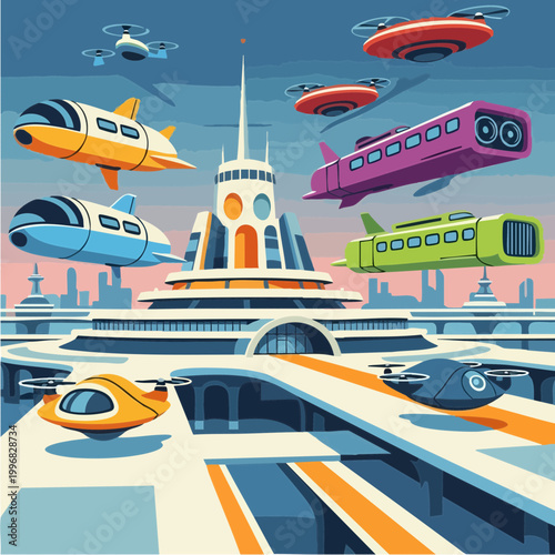 Retro futuristic transportation hub with flying vehicles
