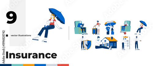 Insurance lifestyle and protection cartoon flat illustrations bundle. Family home. Health travel. Diverse insured people and salesmen 2D images isolated on white. Collection vector drawings colorful