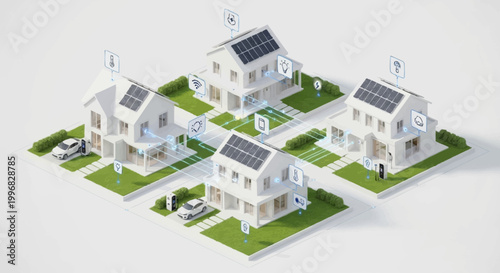 Sustainable residential neighborhood with solar panels.