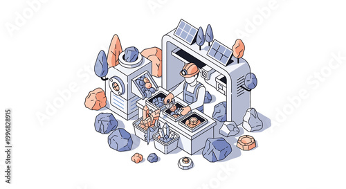 Isometric illustration of cryptocurrency mining operation.