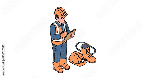 Construction worker in safety gear inspecting a clipboard.