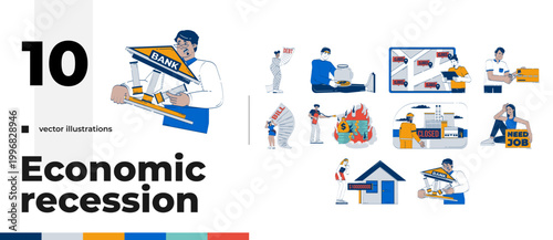 Banking crisis and economic recession cartoon flat illustrations bundle. Financial struggle. Closed business. Debt and unemployment 2D images isolated on white. Collection vector drawings colorful
